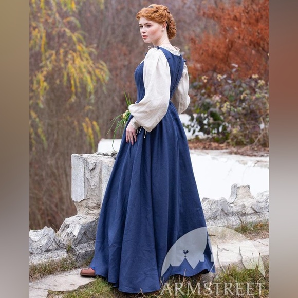 NWOT Armstreet German Rose Corset Dress in blue linen - Picture 3 of 10